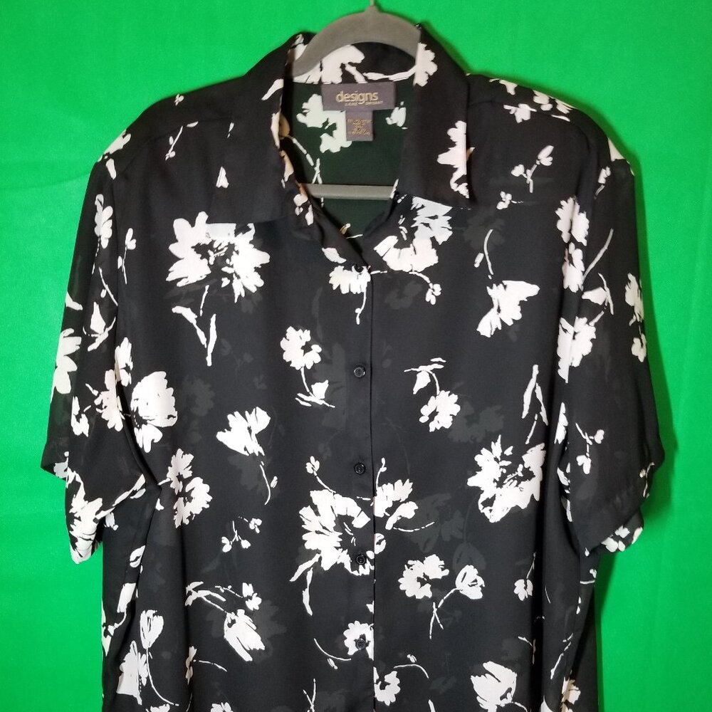 Designs By Lane Bryant Blouse 18 20 Black Floral Button Up Sheer Dressy Top